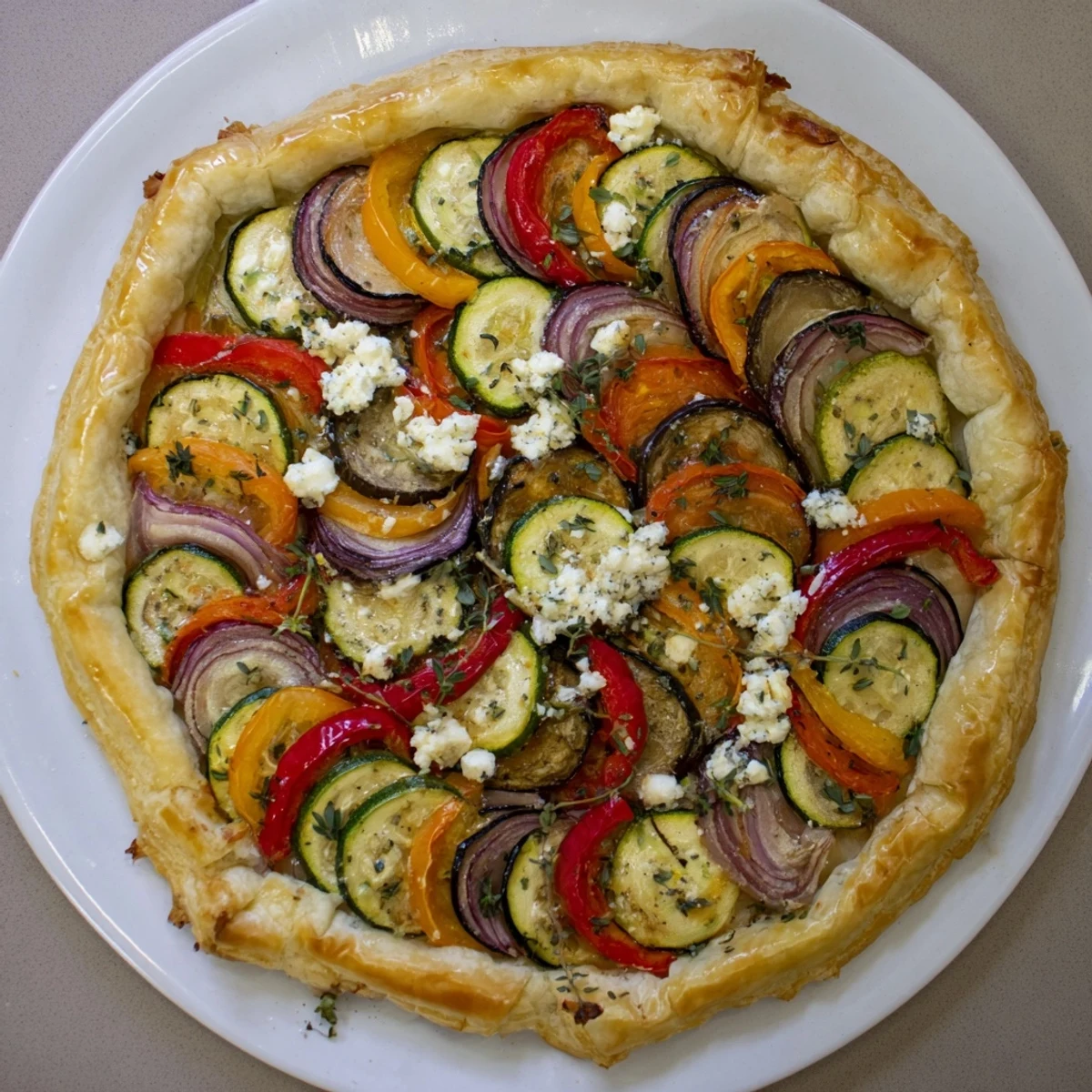Flaky crust holds colorful roasted vegetables in this savory Roasted Vegetable Tart, perfect for brunch.