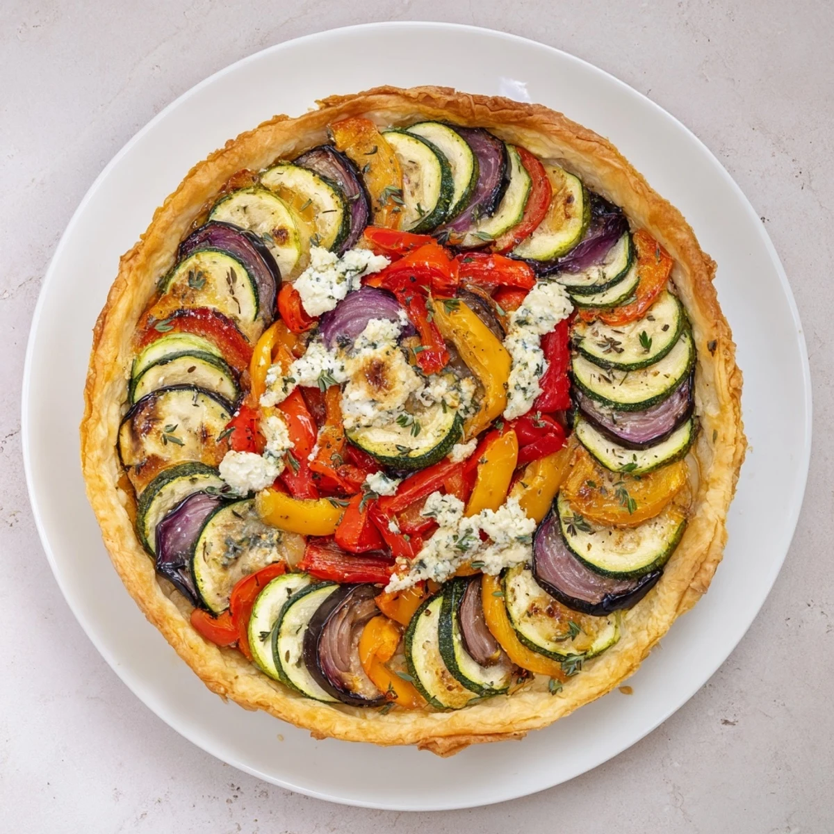 Golden-brown Roasted Vegetable Tart, showcasing vibrant roasted veggies and crumbly goat cheese.