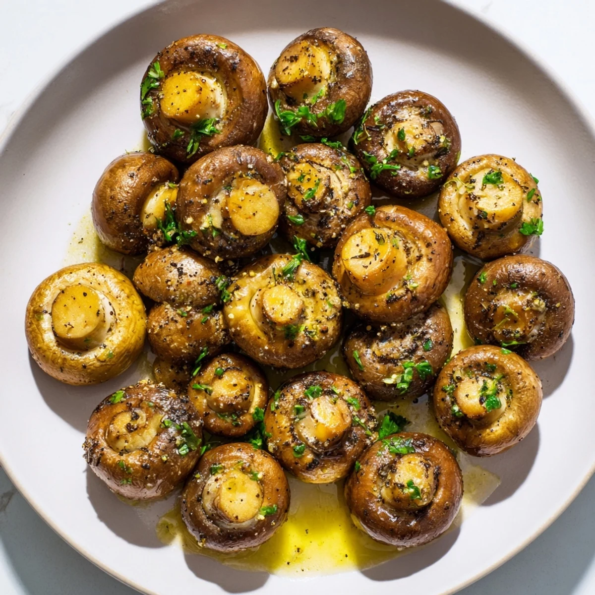 Delicious, glistening garlic butter mushrooms, seasoned perfectly, ready to be plated for sharing.