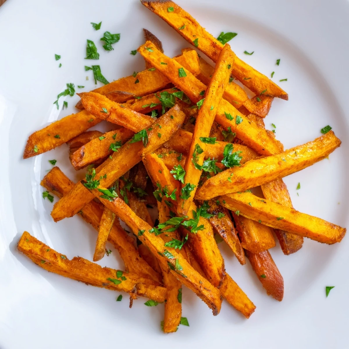 Perfectly baked crispy sweet potato fries, with a dusting of parsley, fresh from the oven, offering a savory aroma.
