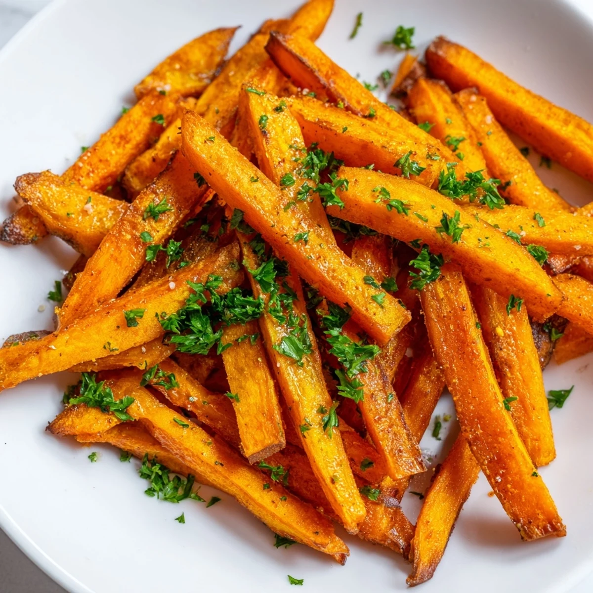 Golden, crispy sweet potato fries, seasoned with paprika, ready to enjoy as a flavorful side.