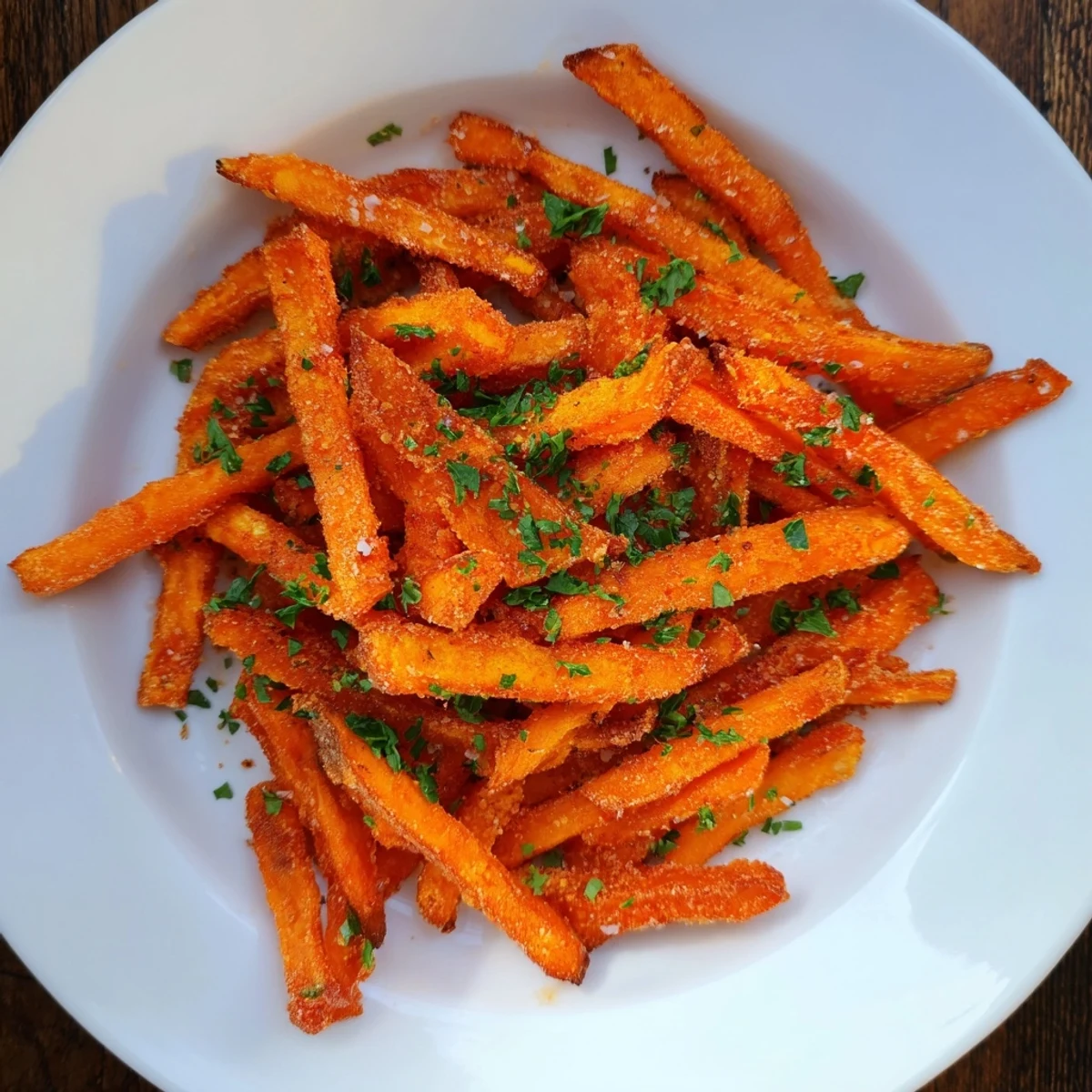 Close-up of golden brown crispy sweet potato fries, a delicious and easy American side dish.