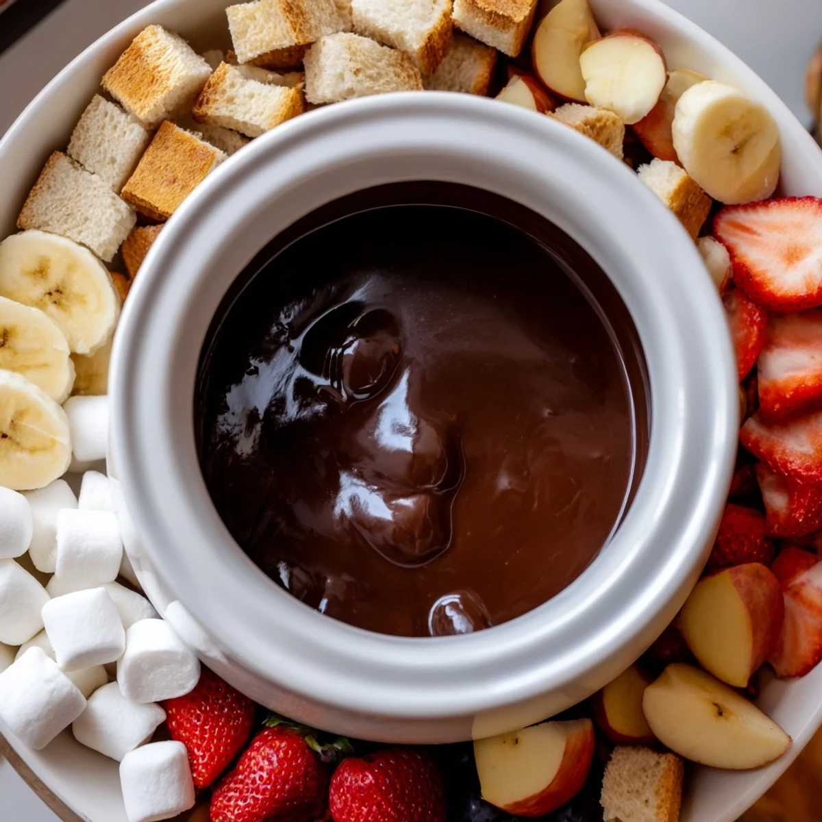 Warm, silky chocolate fondue with fresh strawberries ready for dipping and a shared treat.