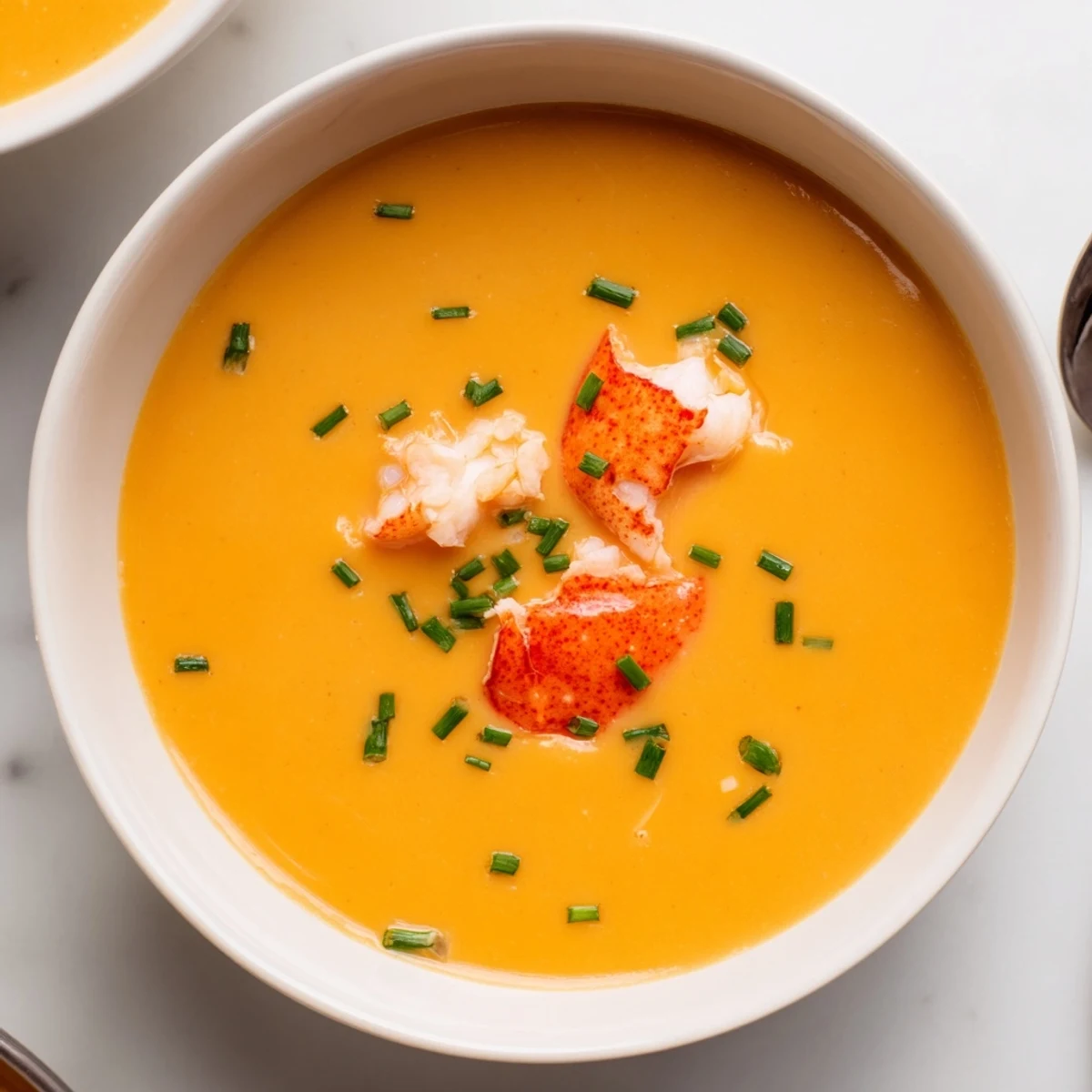 A steaming bowl of Creamy Lobster Bisque, garnished with fresh chives, ready to enjoy.