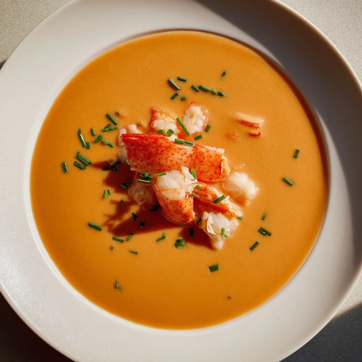 Rich and decadent Creamy Lobster Bisque, showing the vibrant red hue of cooked lobster within.