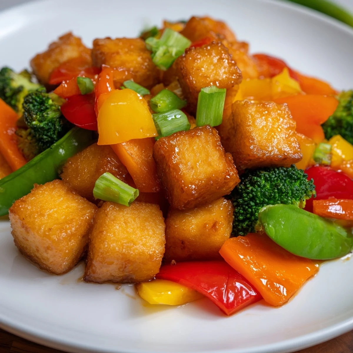 See the enticing crispy tofu stir fry—the tofu is cooked to perfection and tossed in a rich, flavorful sauce.