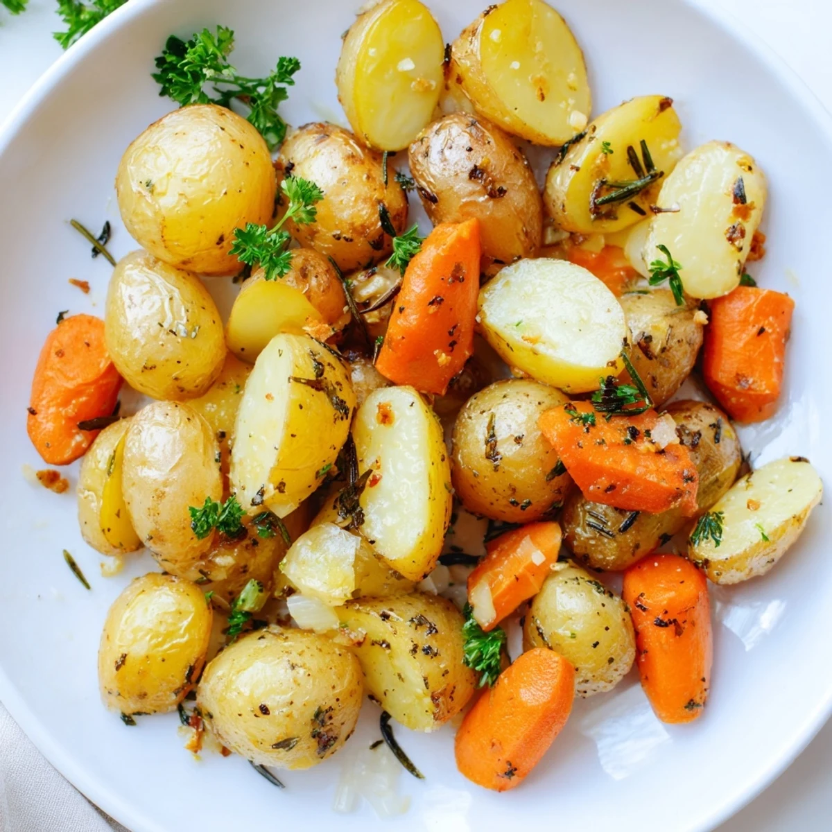 Golden brown Herb Roasted Potatoes and Carrots, a savory side dish ready to be served hot.