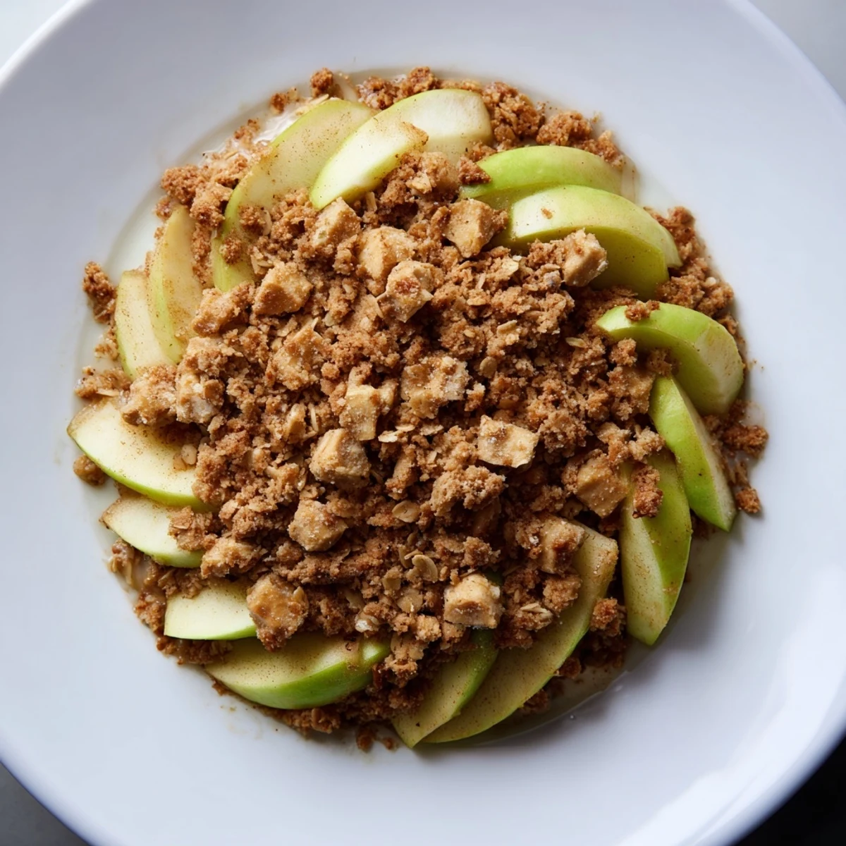 Golden, bubbly baked apple crumble, with a buttery oat topping, ready to serve warm.