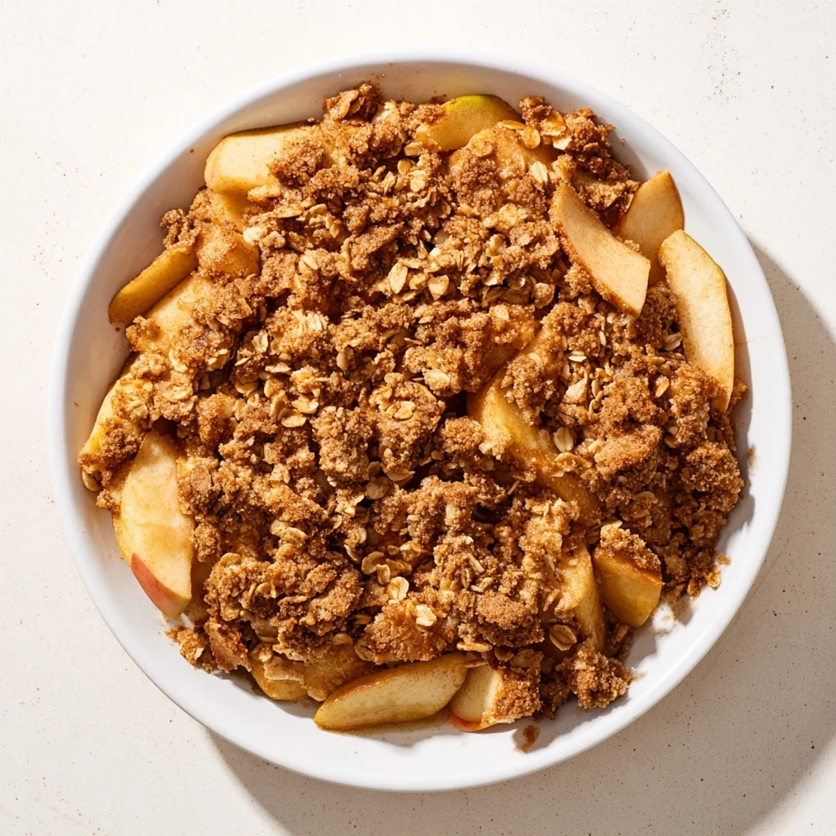 Warm, comforting baked apple crumble, featuring tender apples and a sweet, crispy crumble.