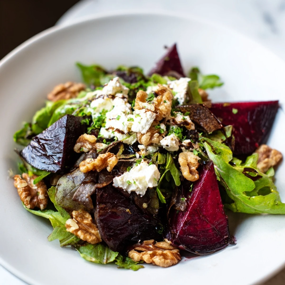 Earthy roasted beet and walnut salad, vibrant and delicious, ready to impress with balsamic drizzle.