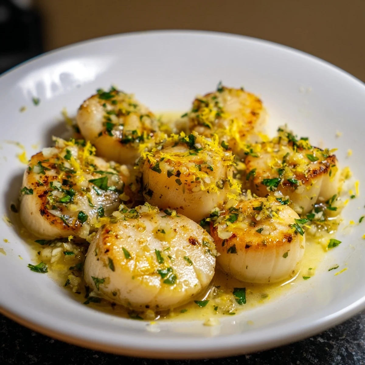 Golden seared lemon garlic scallops glistening with butter, ready for a delicious meal.