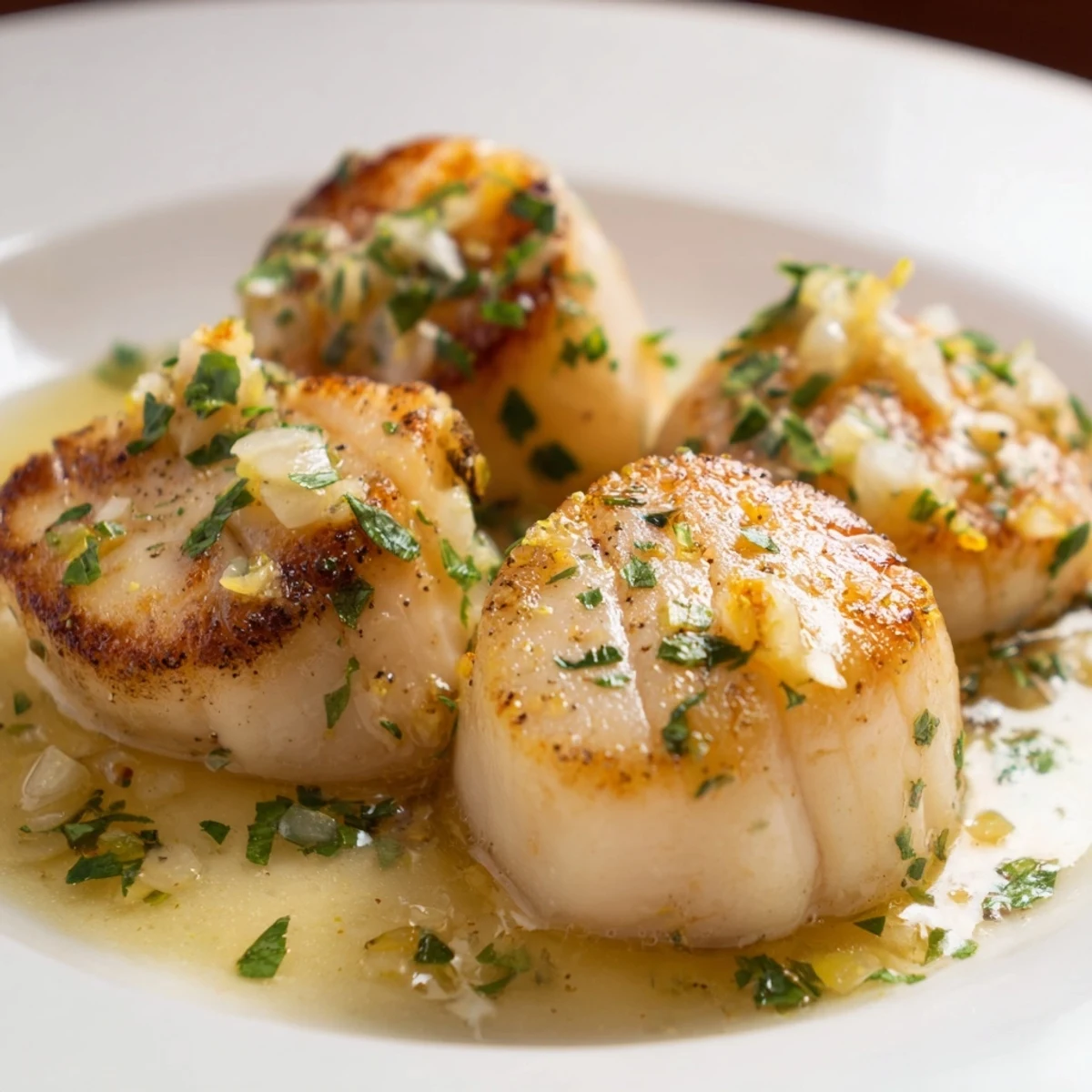 Bright, flavorful lemon garlic scallops, served atop a bed of fresh parsley, delightful.
