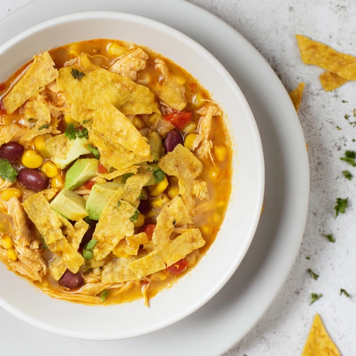 Steaming bowl of Spicy Chicken Tortilla Soup with colorful toppings and crispy tortilla strips.