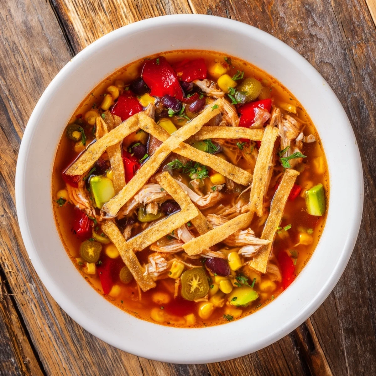 Close-up of a flavorful Spicy Chicken Tortilla Soup, garnished with fresh cilantro and creamy avocado.