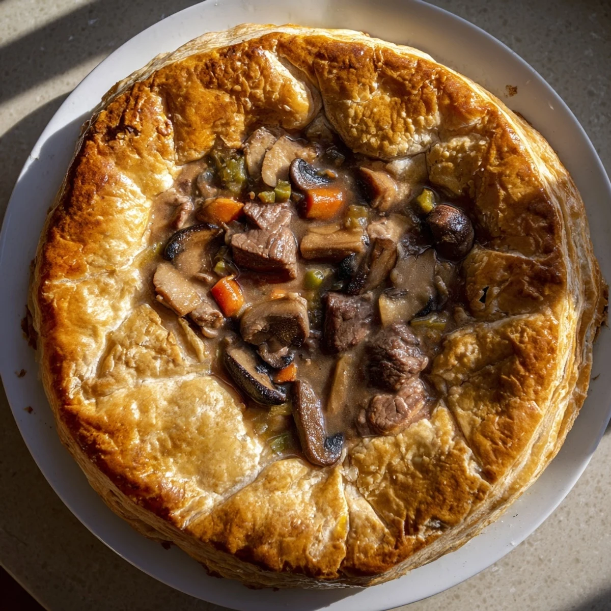 A close-up of a rustic Savory Beef and Mushroom Pie, ready to serve with crispy pastry on top.
