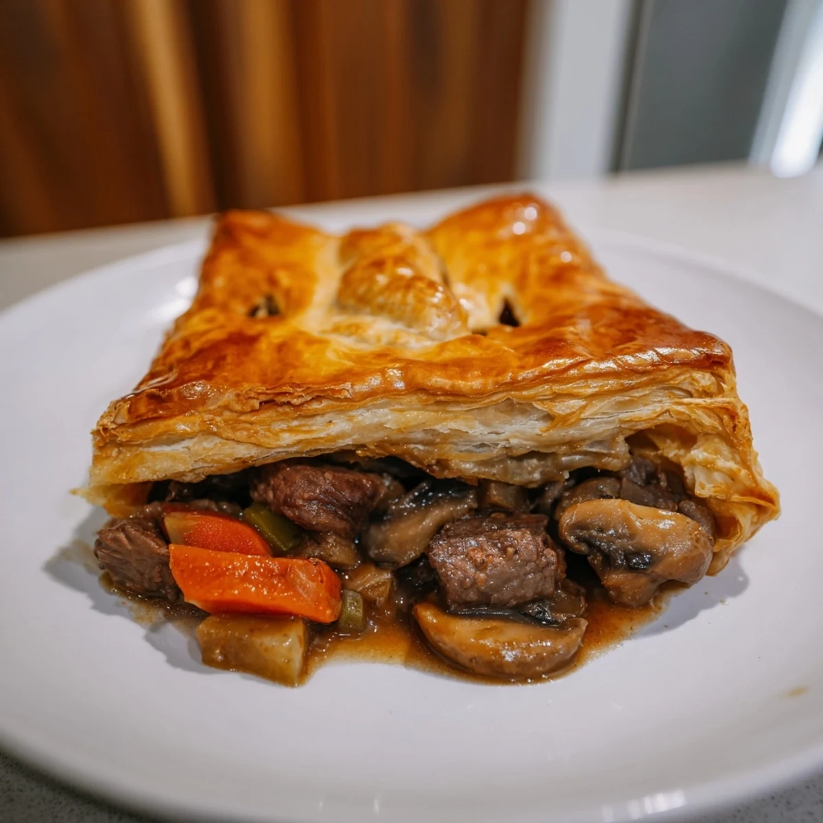 Steaming Savory Beef and Mushroom Pie, golden crust, and savory, rich filling filling the pie dish.