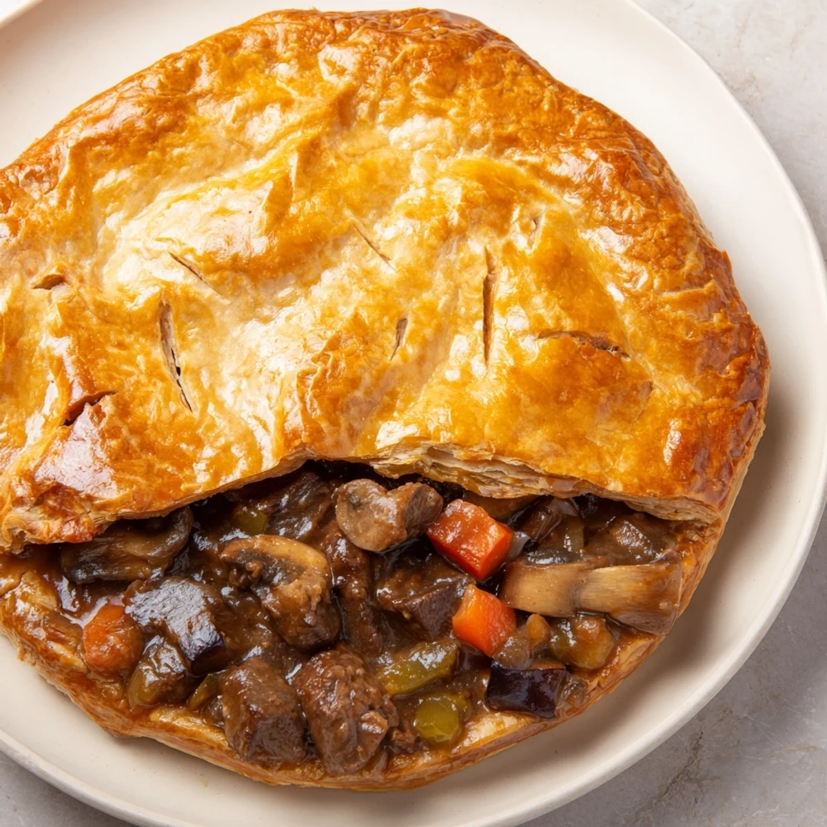 Golden, flaky crust encasing a hot, flavorful Savory Beef and Mushroom Pie, perfect for a cozy dinner.
