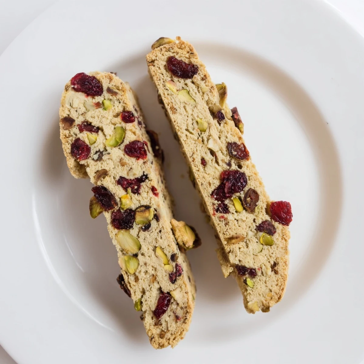 Close-up of freshly baked Cranberry Pistachio Biscotti showing the textures of nuts and dried fruit.