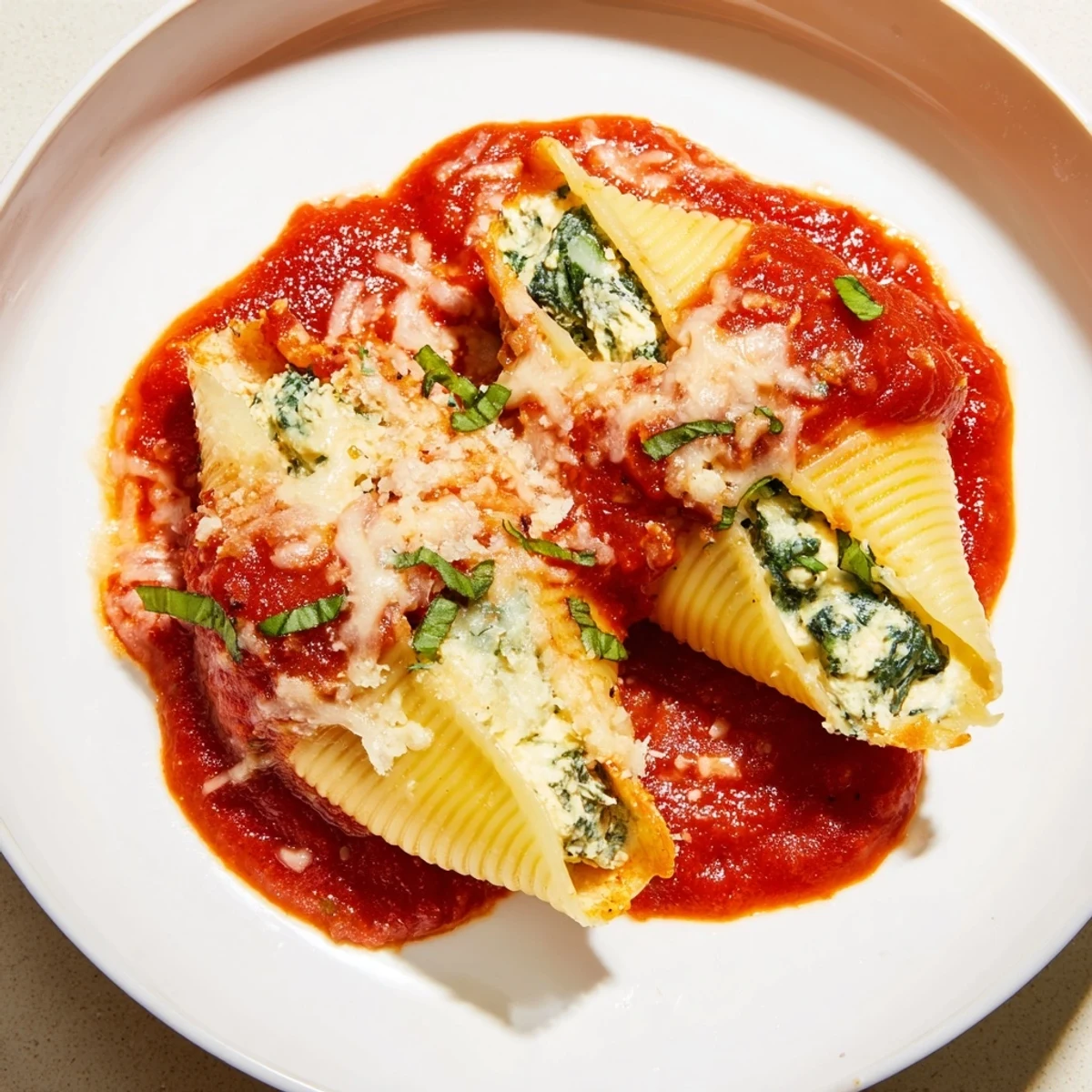 A pan of golden-brown Cheesy Spinach and Ricotta Stuffed Shells, garnished with fresh basil awaiting a hearty meal.