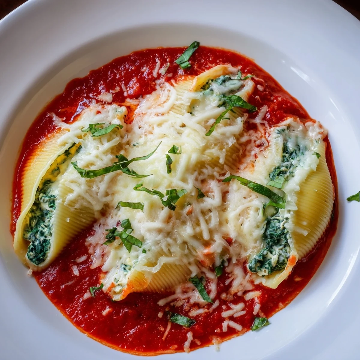 Close-up of baked Cheesy Spinach and Ricotta Stuffed Shells, showcasing creamy filling, ready to serve and enjoy.