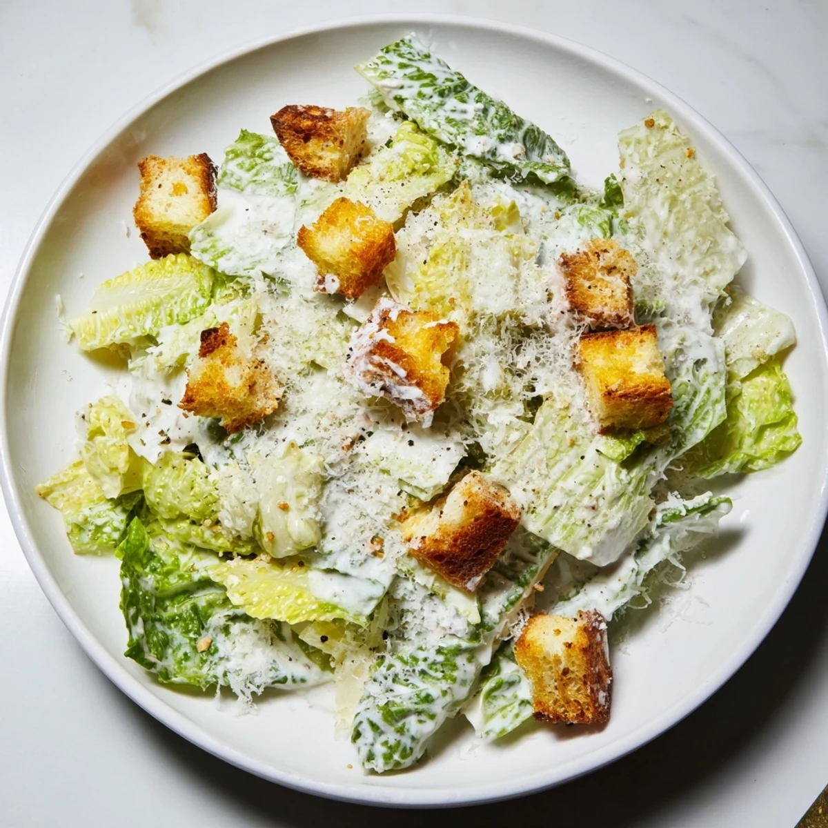 Freshly tossed Classic Caesar Salad with romaine lettuce, and shaved Parmesan; ready to serve.