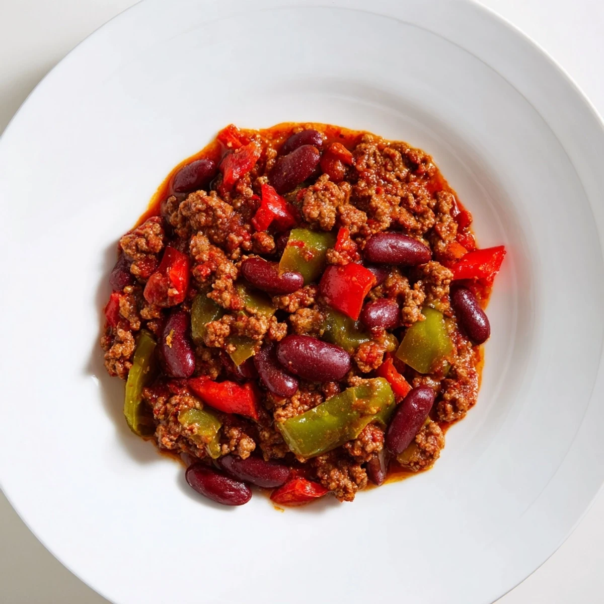 Sizzling Spicy Beef Chili with Kidney Beans, a hearty bowl brimming with deep red chili, ready to eat.