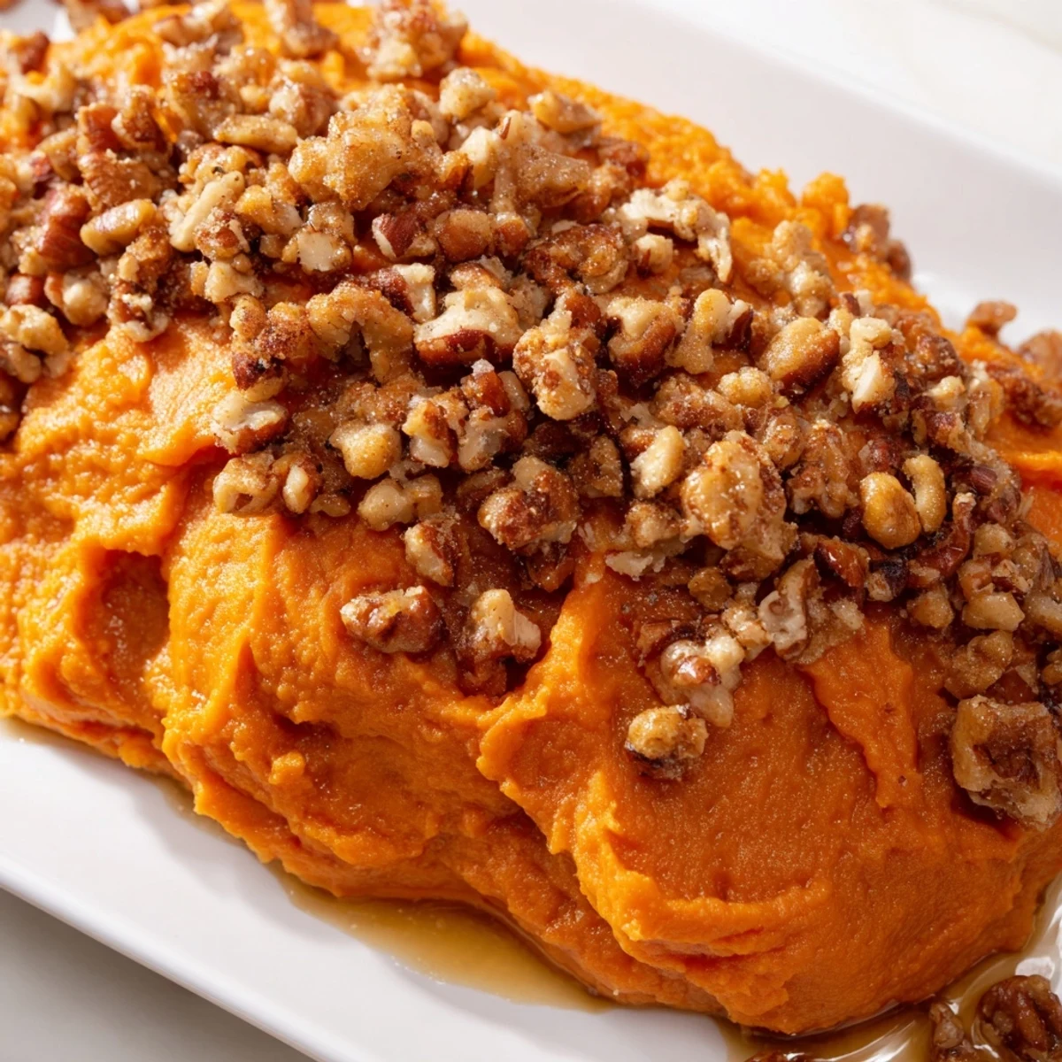 Enjoy the sweet and savory aroma of this homemade Sweet Potato Casserole topped with crunchy pecans.