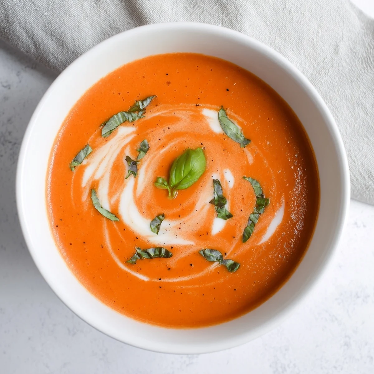 Creamy, vibrant Roasted Red Pepper and Tomato Soup, garnished with basil, perfect for dipping crusty bread.