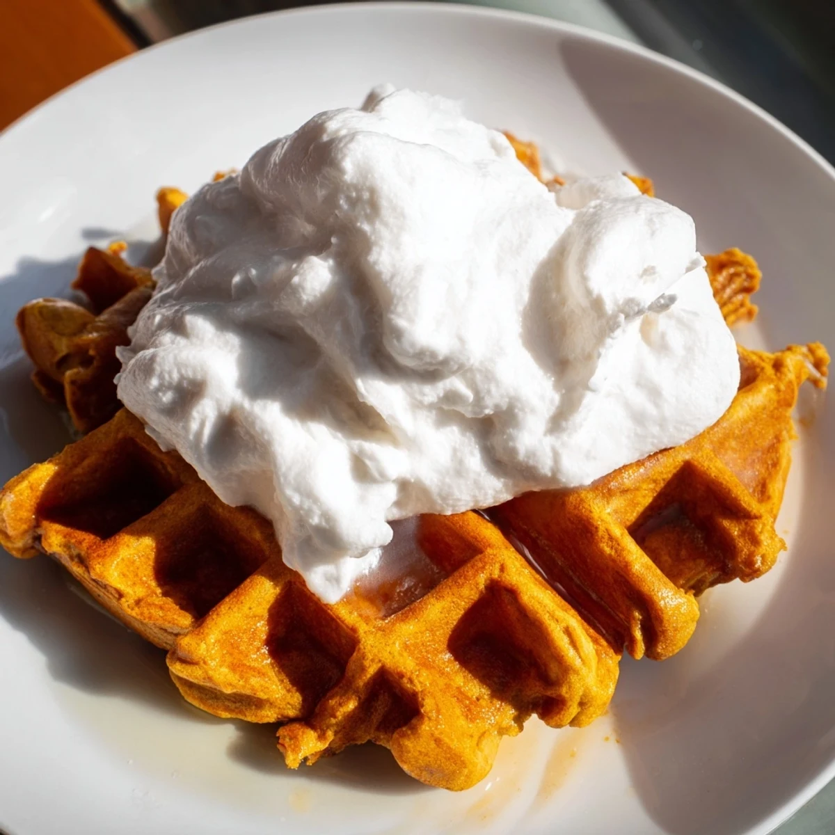 Golden-brown gingerbread waffles topped with a fluffy swirl of whipped cream, ready to eat.