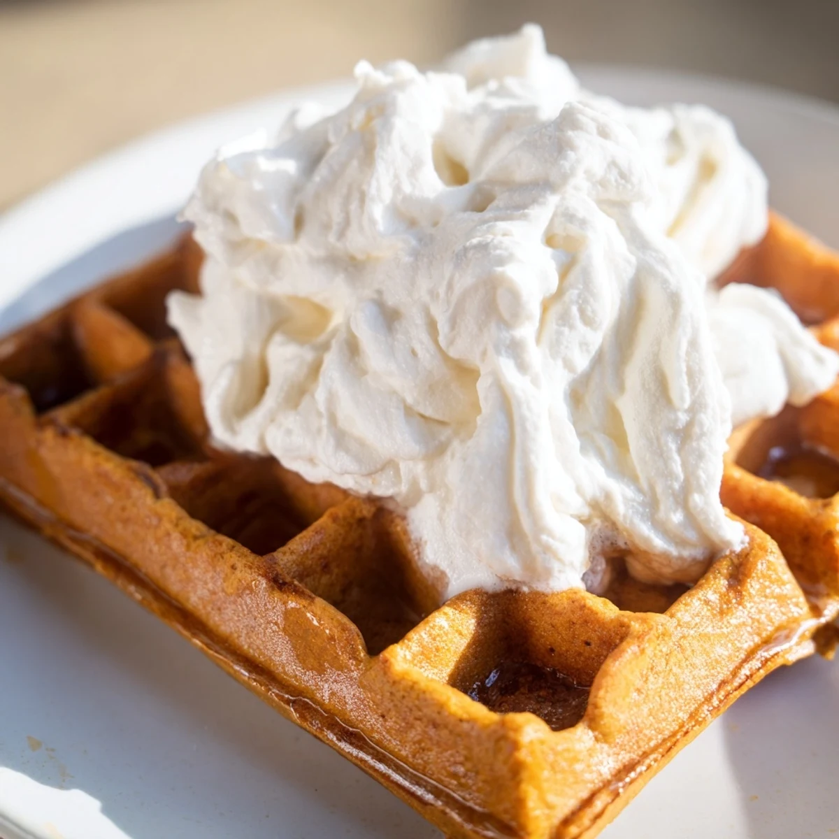 Homemade gingerbread waffles with a drizzle of syrup and a generous helping of whipped cream, delicious.
