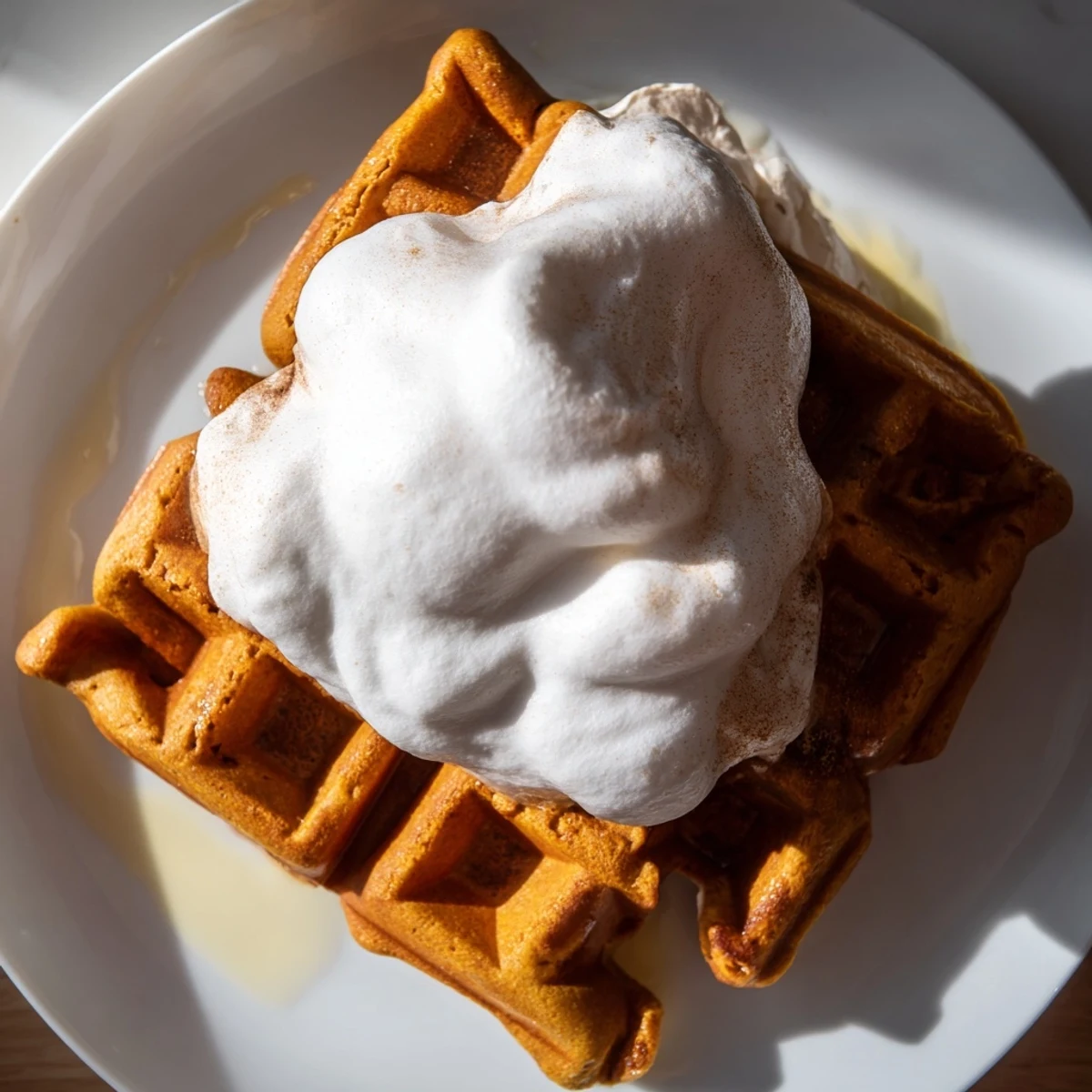 Fluffy gingerbread waffles overflowing with warm spices and cool, lightly sweetened whipped cream.