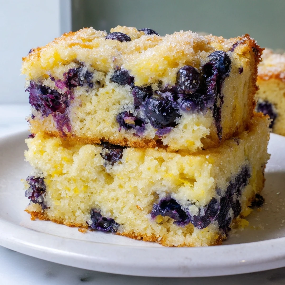 A slice of Lemon Blueberry Breakfast Cake, showing a moist interior with scattered blueberries.