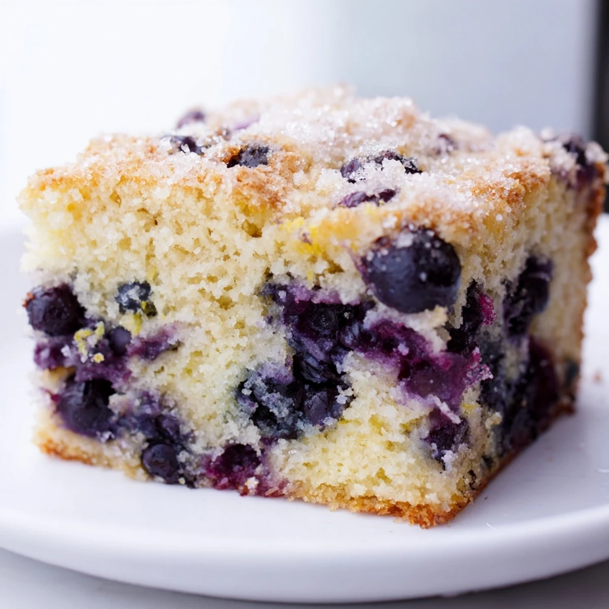 Golden-brown Lemon Blueberry Breakfast Cake, perfectly baked with sugared topping, ideal for brunch.