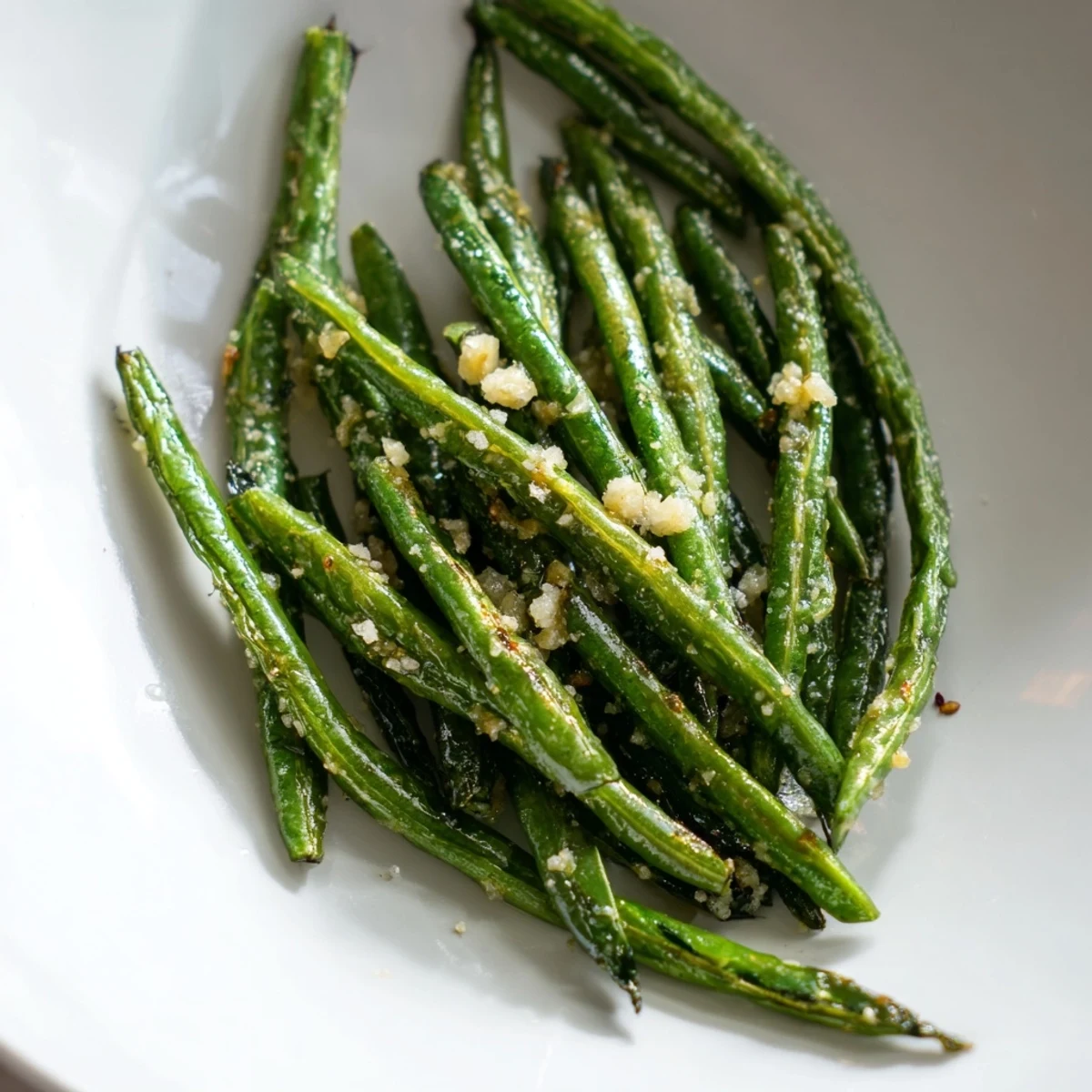 An oven-baked close-up of Garlic Roasted Green Beans, perfectly seasoned and blistered with garlic.