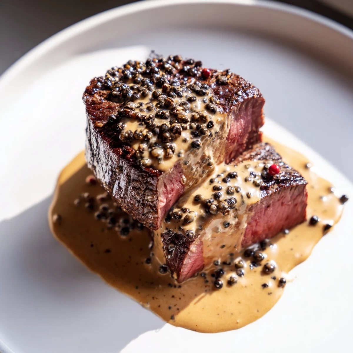 Perfectly cooked beef tenderloin steaks, beautifully sauced with creamy peppercorn richness, ready to eat.