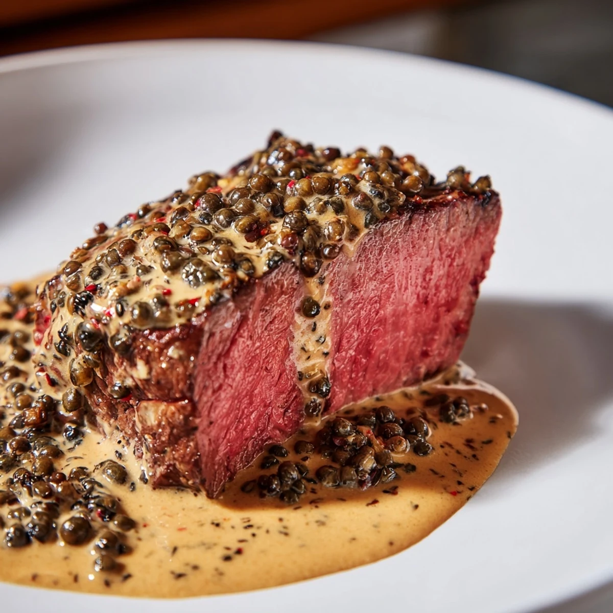 Seared beef tenderloin, glistening with savory peppercorn sauce, ready for a special dinner.