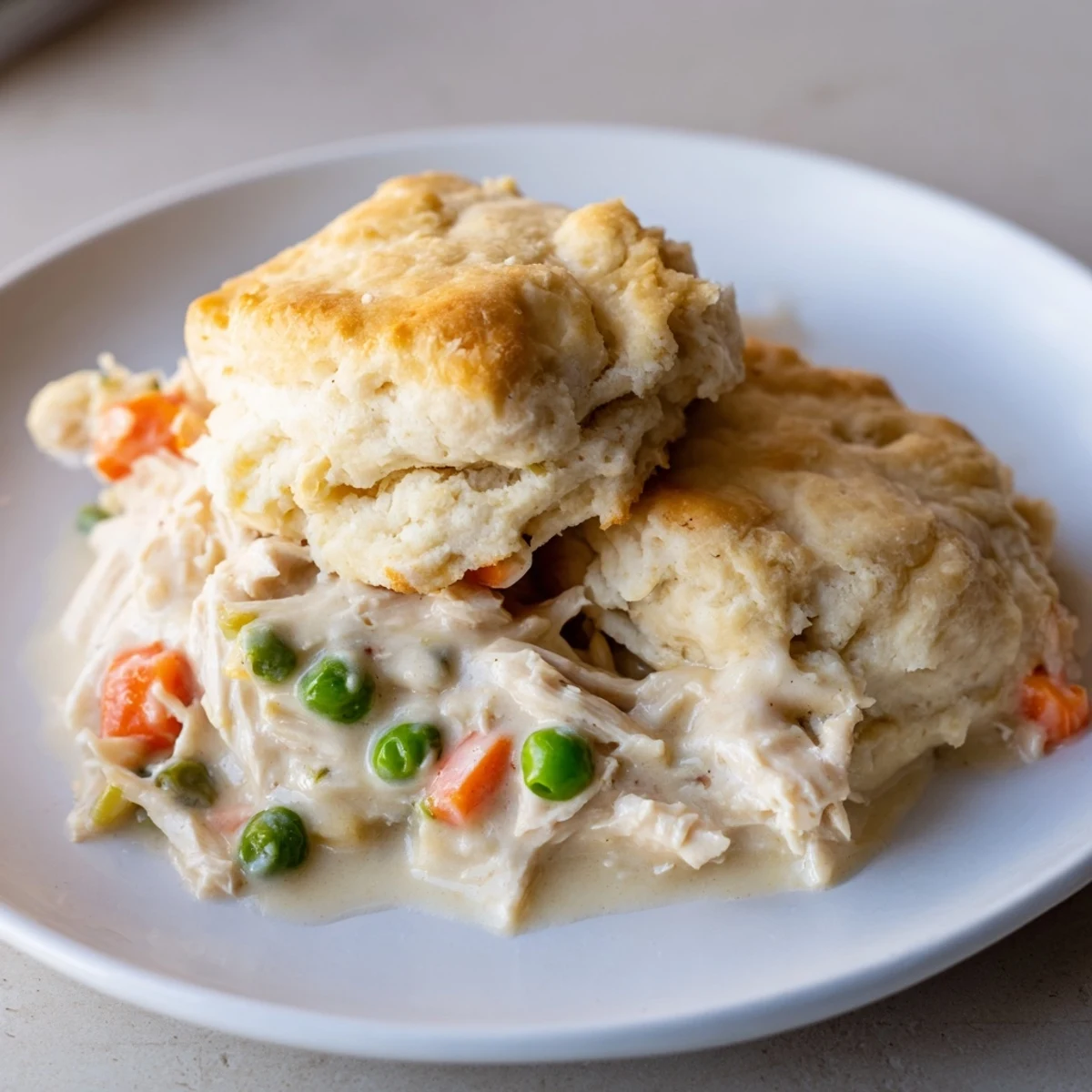 Golden-brown Savory Chicken and Biscuit Casserole bubbling hot, perfect for a cozy family dinner.