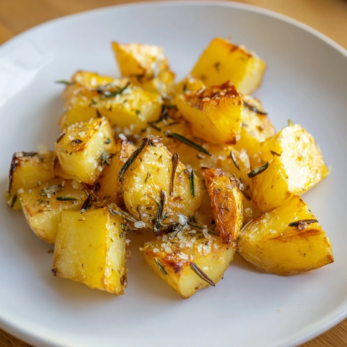 Golden, crispy duck fat potatoes, perfectly browned and ready to serve with a sprinkle of fresh rosemary.