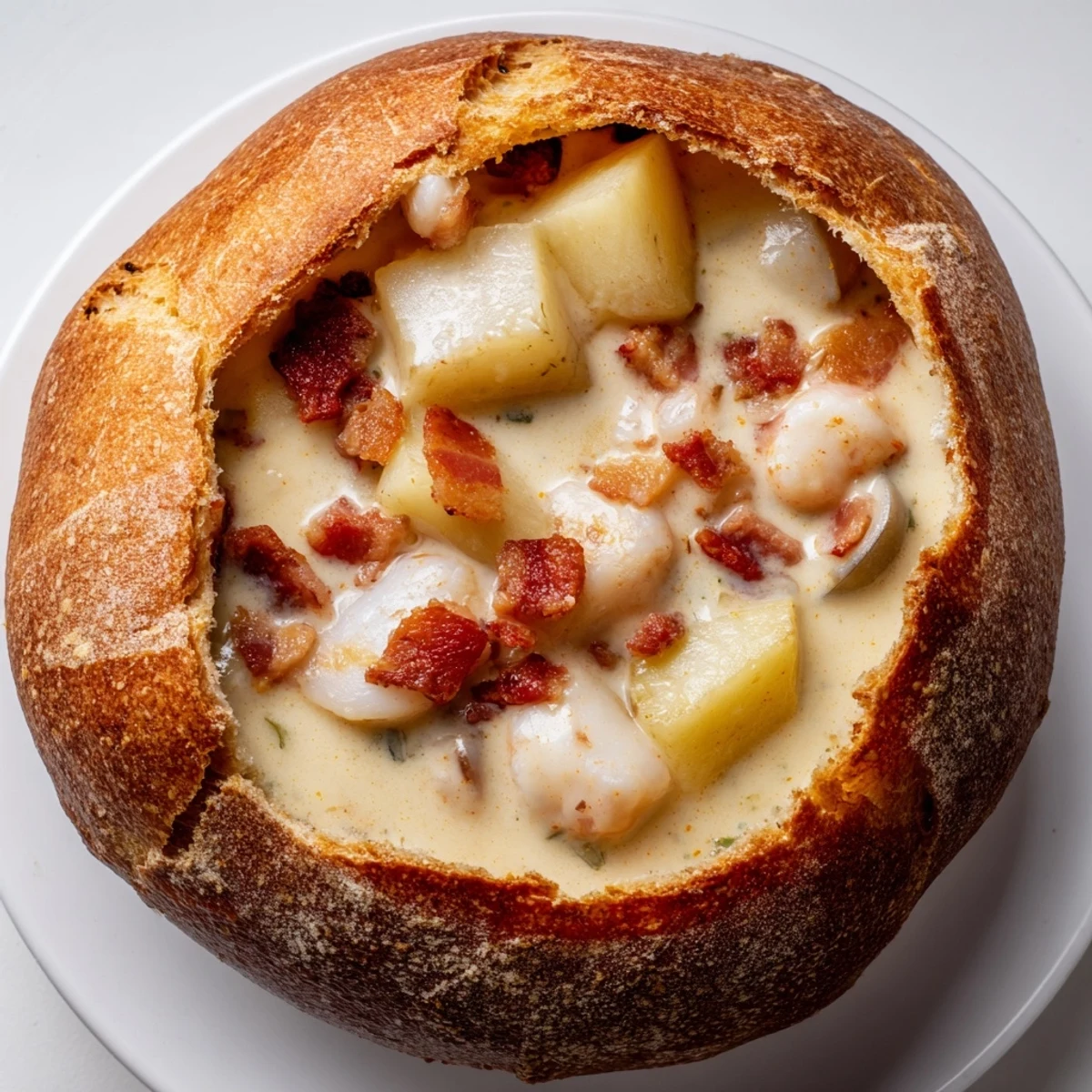 Steaming creamy clam chowder ladled into a crusty bread bowl, perfect for a cozy, comforting meal.