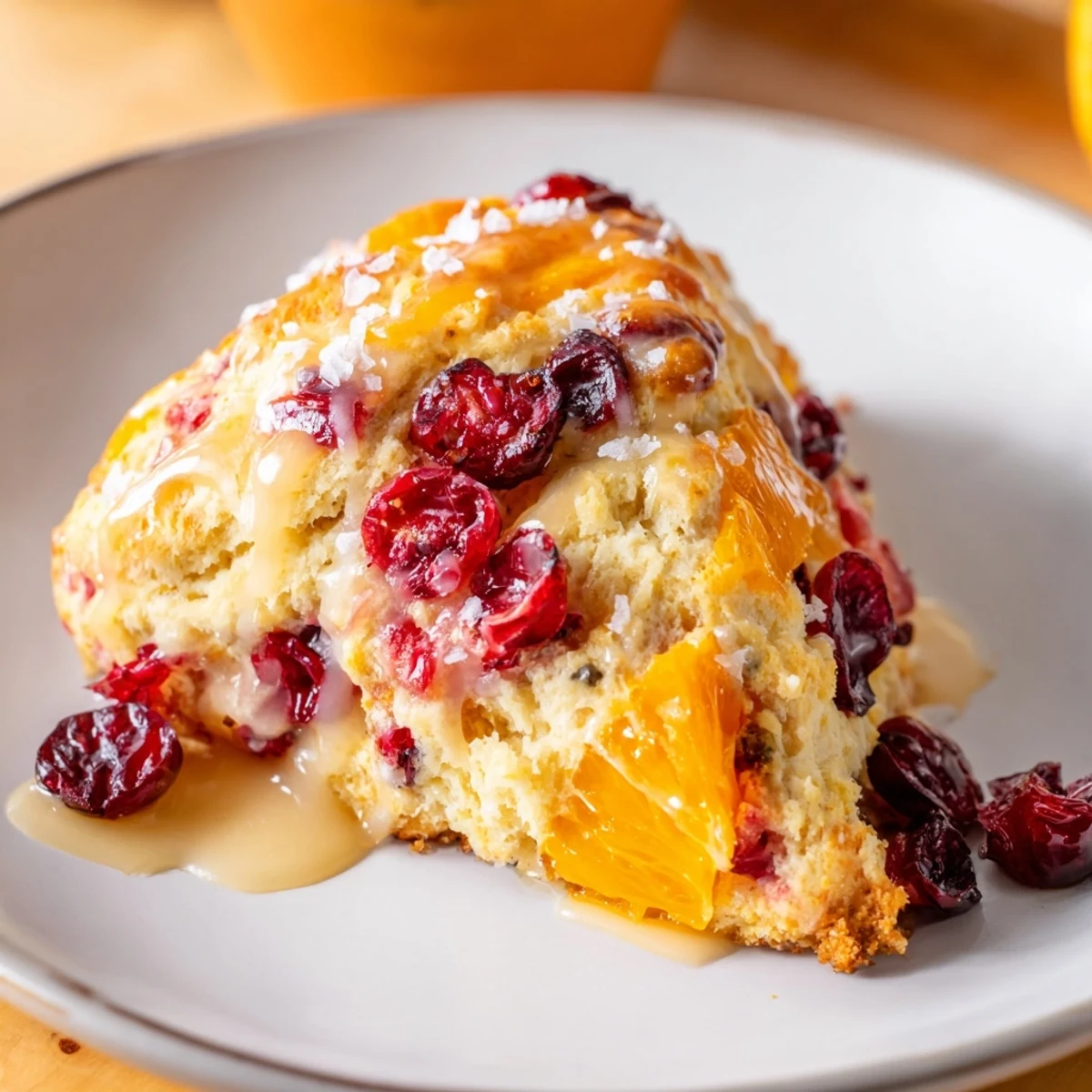 Golden brown Cranberry Orange Scones with a glistening glaze, perfect for a cozy morning.