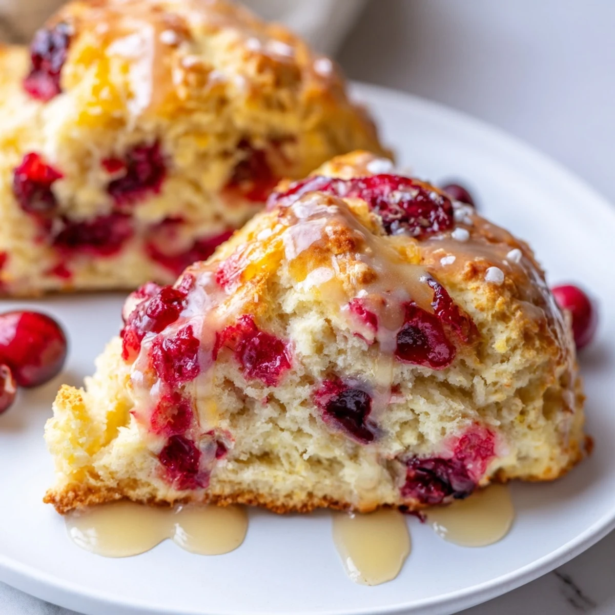 A close-up of freshly baked Cranberry Orange Scones, showing juicy cranberries and a sugary glaze.