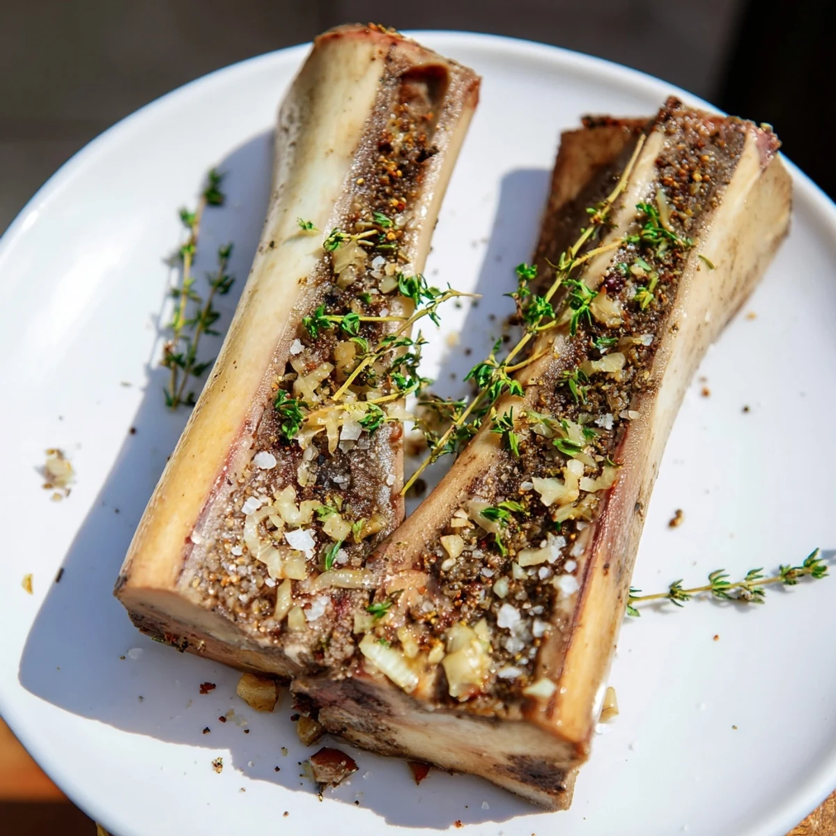 The rich, savory flavor of perfectly roasted beef bone marrow, garnished with fresh parsley and shallots.