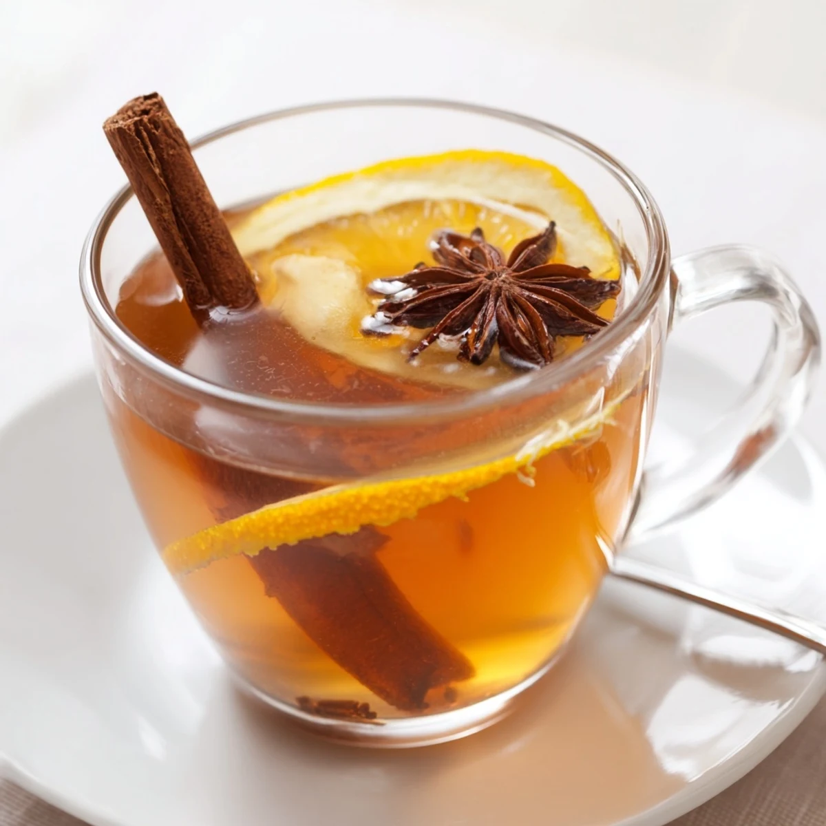 Steaming mug of Winter Scent tea, richly spiced and garnished with an orange slice, perfect for the season.