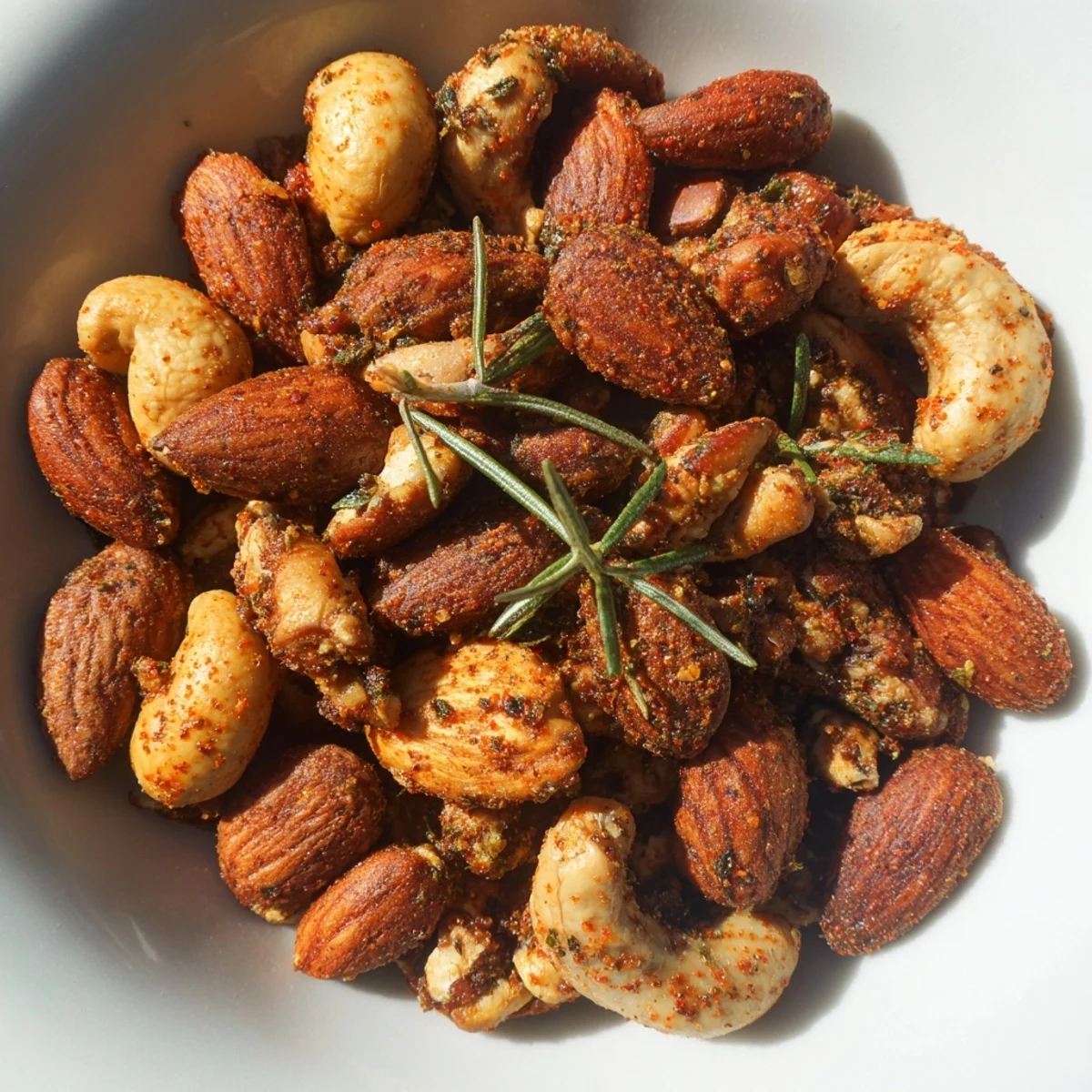 A warm baking sheet holds the fragrant, crispy Roasted Nut Snack, seasoned to savory perfection.