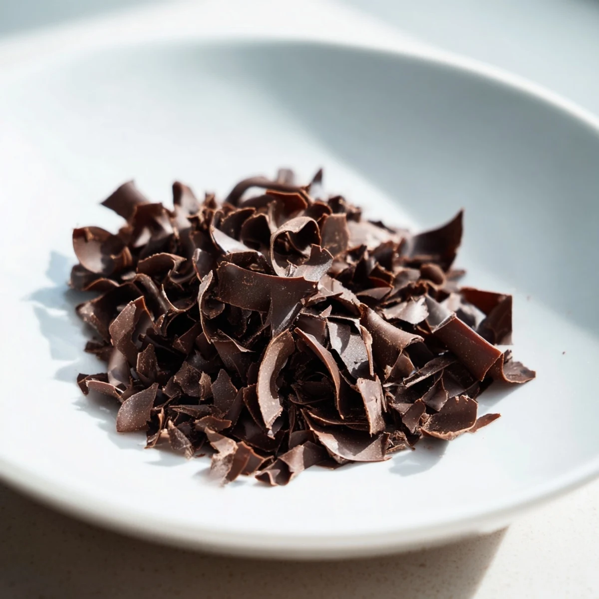 Close-up photo of luscious Chocolate Flake Topping, swirling beautifully on a scoop of vanilla ice cream.