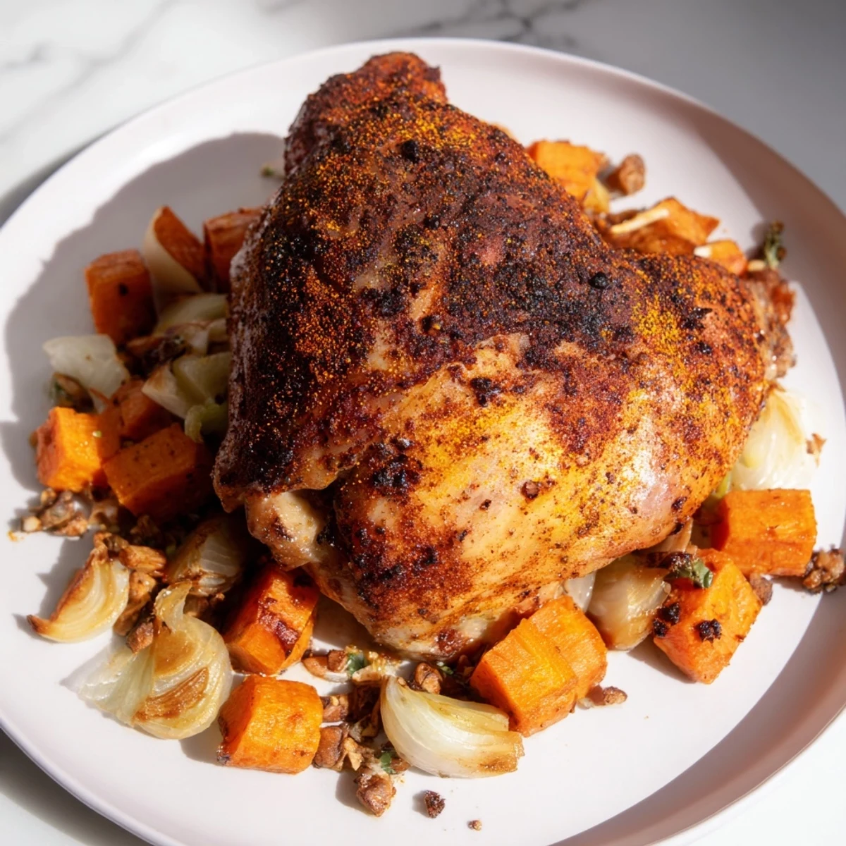 Juicy and flavorful savory taste profile roast chicken, perfectly cooked with roasted vegetables for a complete dinner.