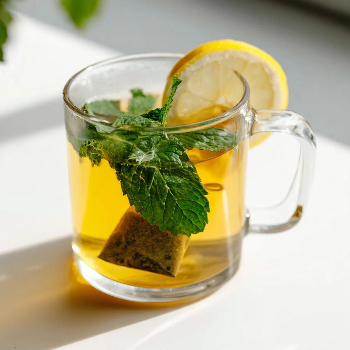 Steaming cup of peppermint tea showcasing its vibrant green hue and inviting aroma.