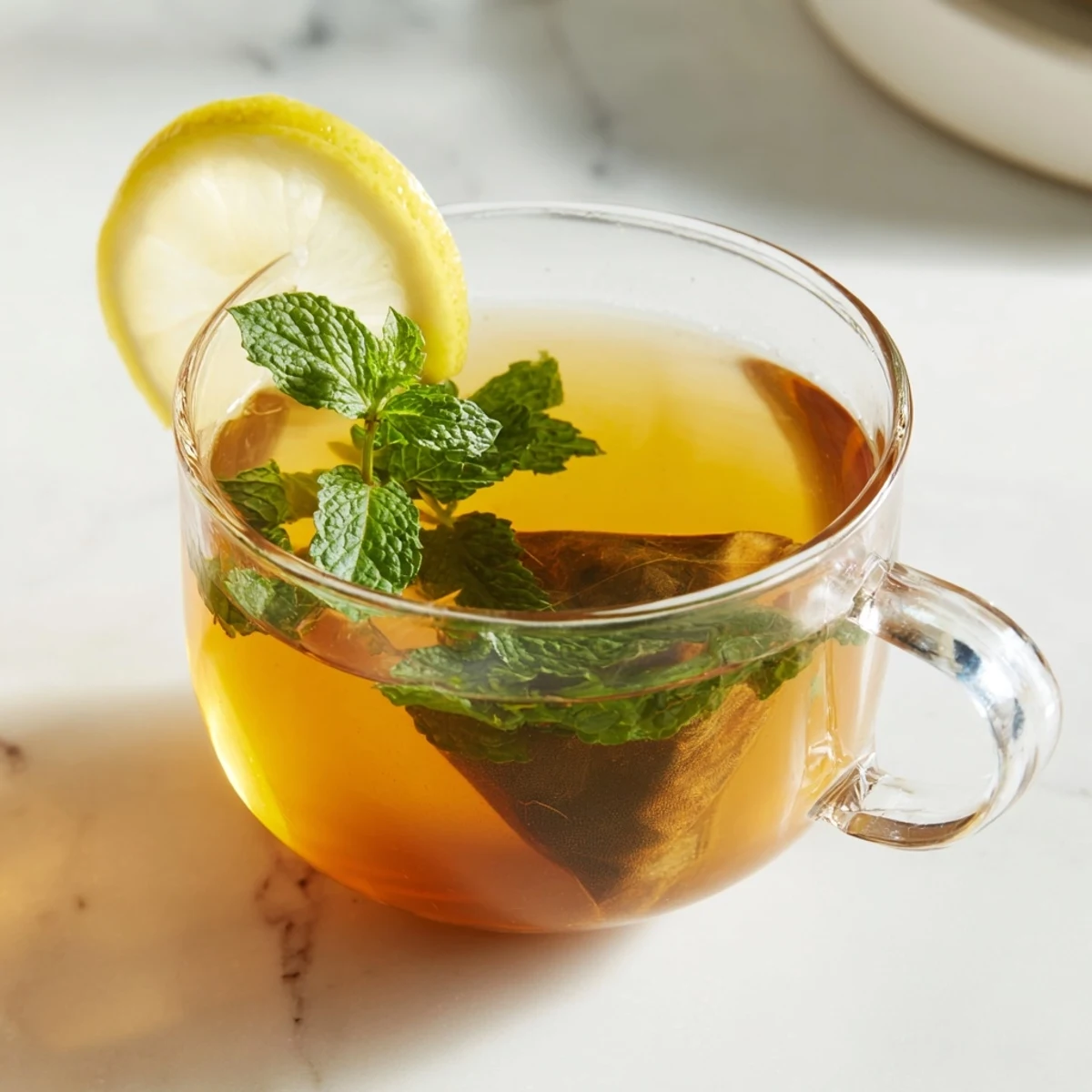 Freshly brewed peppermint tea, ready to drink, with a lemon slice for brightness.