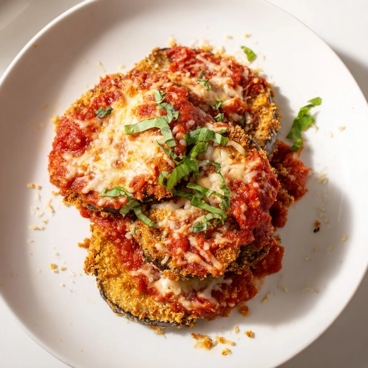 Golden, bubbly Eggplant Parmesan with layers of melted cheese and savory marinara sauce.