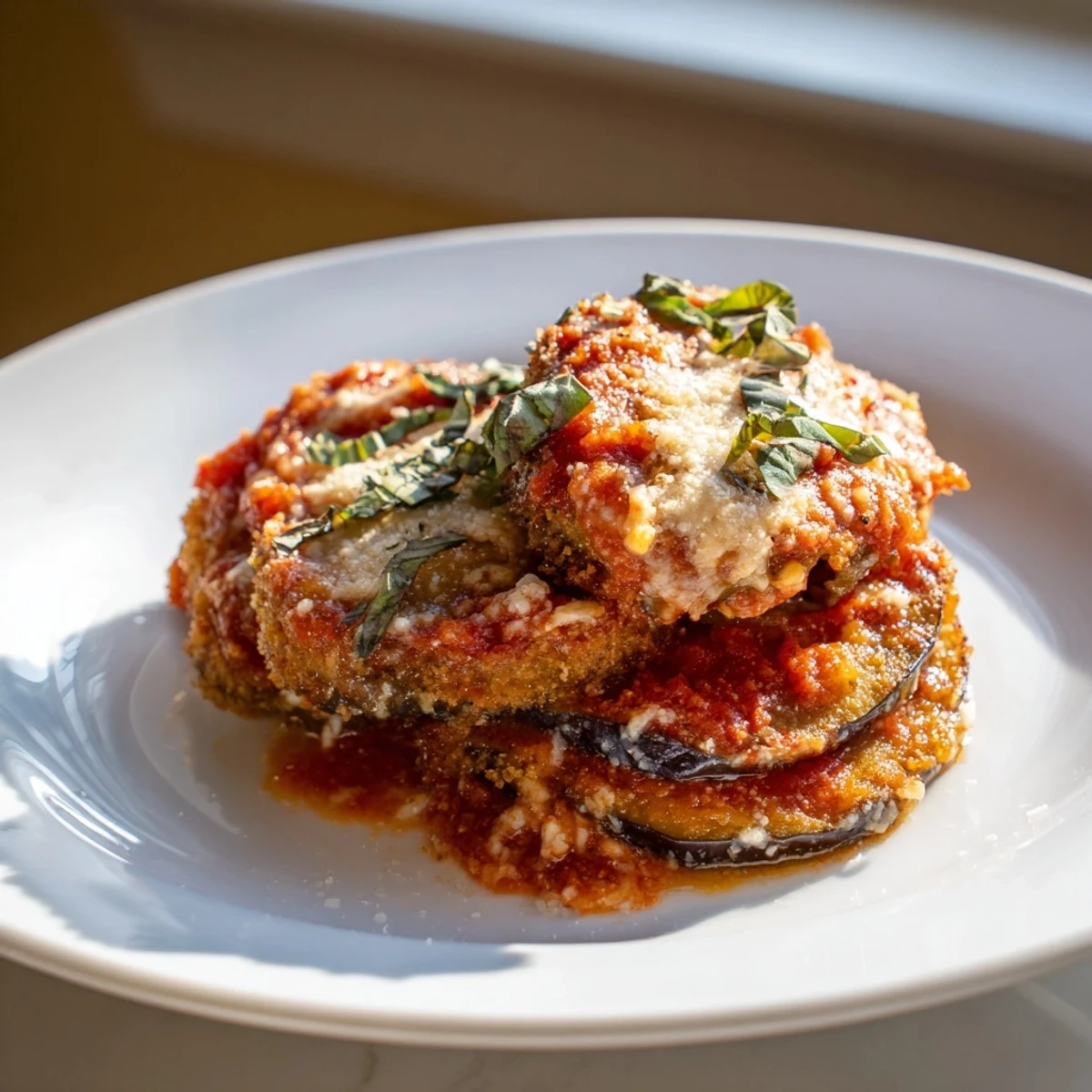 A close-up of a freshly baked Eggplant Parmesan, showcasing crispy eggplant and rich sauce.